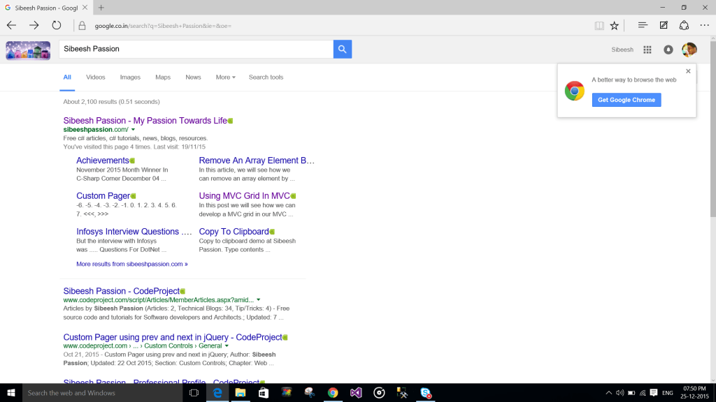 Browser search result in Windows 10 Edge