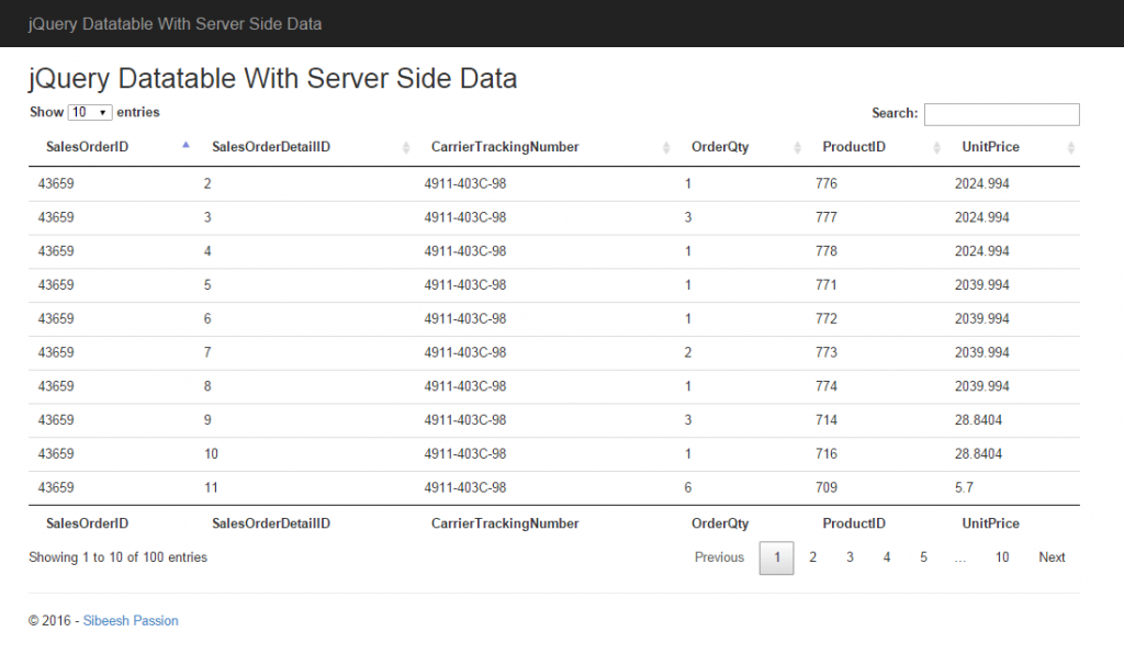 jQuery Datatable With Server Side Data