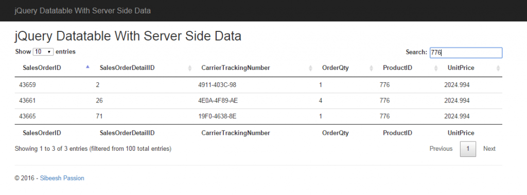 jQuery Datatable With Server Side Data Search