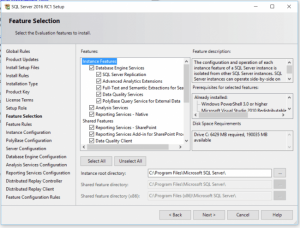 Feature Selection Installation Center SQL Server
